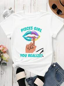 Women Round Neck T Shirt Pisces Girl Lips And Hand Gesture Print Short Sleeve Casual Everyday Wear Top - trắng - Xem 2