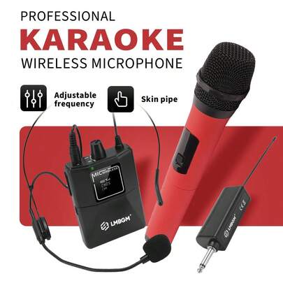 ميكروفون لاسلكي احترافي مزود بميكروفون يدوي واحد وحزام خصر واحد (مع سماعة رأس واحدة) للغناء المنزلي والخارجي والأداء المحمول، نظام ميكروفون يدوي للأداء على المسرح والمؤتمرات