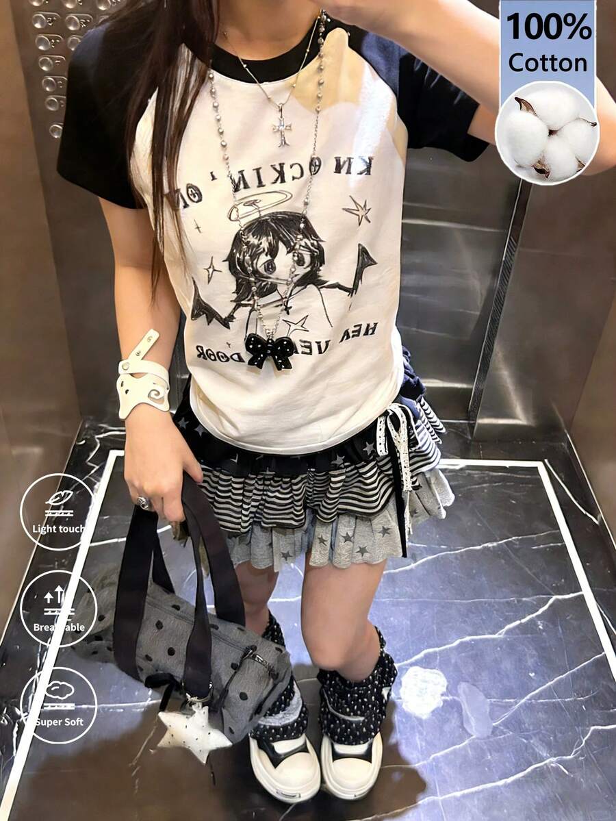 Y2K甜美哥特风插肩袖印花T恤，女款宽松动漫少女印花休闲街头风上衣 白色夏季 - 白色 - 查看 1