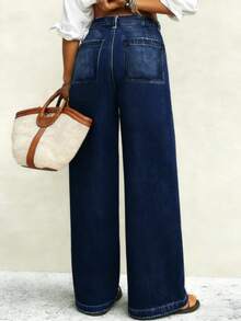 Damen-Jeans in Petite-Größe mit weitem Bein, gewaschen, mit mehreren Taschen, vielseitig, geeignet für Petite-Frauen für den täglichen Gebrauch oder den Arbeitsweg, lässig, Frühling und Herbst - Dunkle Waschung - Übersicht 4