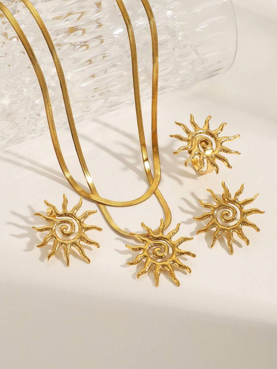 4只18K镀金复古夸张奢华高端不锈钢太阳形耳环，设计优雅，适合约会、毕业典礼、感恩节、派对、通勤、度假等各种场合。