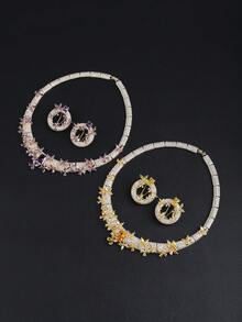 3件套奢华珠宝风格铜质立方氧化锆项链耳环套装，适合搭配婚纱、晚宴礼服。 - 華麗套裝 - 查看 3