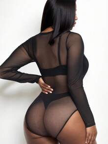 Women's Sexy Sheer Mesh Long Sleeve Bodysuit For Summer - màu đen - Xem 9
