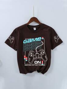 Boys' Teenager Game Style Letter & Gamepad Graphic Print Round Neck Short Sleeve T-Shirt, New Spring/Summer Children Graphic Tee - Brown - View 2