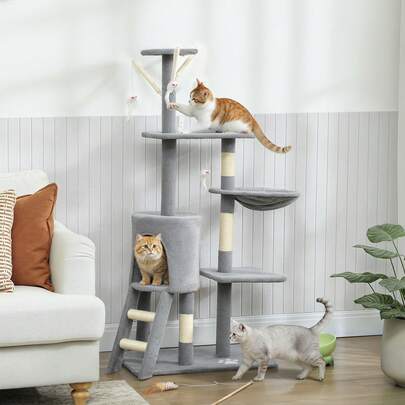  PawHut Tiragraffi per Gatti Alto 134 cm, Albero per Gatti Multilivello con 3 Pali Graffiatoi in Sisal, Grotta, Amaca, 4 Topolini Appesi, Piattaforme, Scala, Torre per Gattini 5 kg, in Peluche