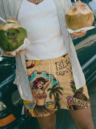 Open Phase Men's Hawaii Style 3D Print Casual Beach Shorts - Quick Drying, Drawstring Waist, Perfect For Summer Outing