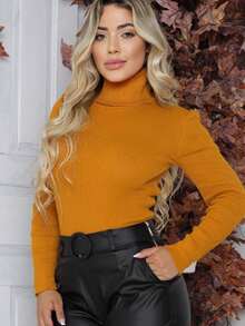 Women's High Neck Turtleneck Knit Blouse That Shapes The Body. - 駝色 - 查看 2