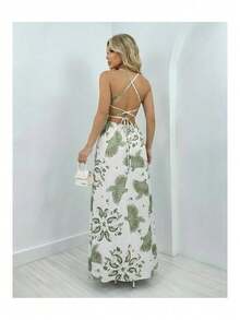 Women's Long Dress With Leaf Print, Crossed Straps, Casual, Summer, Tropical - 綠色 - 查看 2