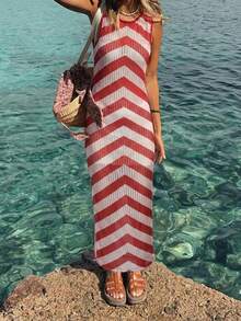 女士纹理面料条纹多巴胺直筒开衩连衣裙，度假罩衫 - 彩色 - 查看 3