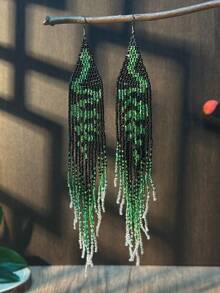 AHAYA Handmade Woven Glass Beaded Snake Pattern Earrings With Long Tassel, Bohemian Inspired Design, Creative Bead Jewelry, Versatile For Halloween, Carnival, Daily Wear - Green - View 9