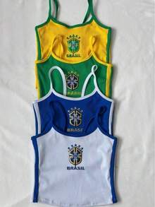 Cropped Top With Thin Straps, Ribbed Fabric, World Cup Brazil Design. - 藍色 - 查看 3