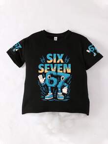 男童趣味数字“67”图案印花圆领短袖T恤，新款春夏童装 - 黑色 - 查看 2