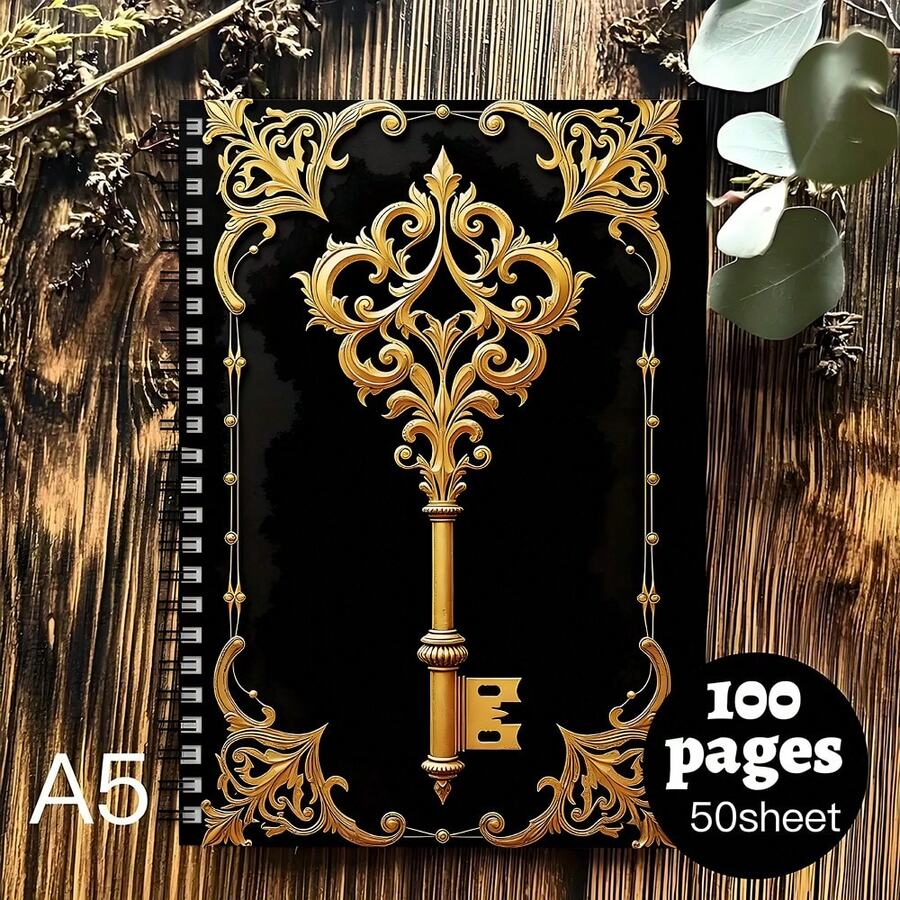1pc Elegant Gold Spiral Notebook Diary, Password Journal With Exquisite Key Pattern Design, Perfect Gift For Friends And Classmates, Suitable For Recording Passwords And Notes, Password Diary, Exquisite Key Pattern Design, Spiral Binding, A5 Size - A5 - View 1