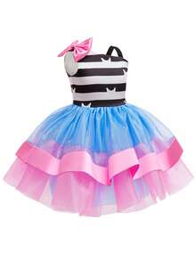 Princess Tutu Skirt Cat Stripe Print Girls Costume Set, Includes Headpiece, Suitable For Children's Halloween, Christmas, Carnival, Birthday Party Dress Up - Blue - View 2