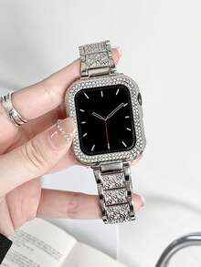 Conjunto compatible con correas para Apple Watch y estuche protector, incluye correa de metal brillante con incrustaciones de rhinestone y estuche protector multicapa de diamante para Apple Watch de 38mm, 40mm, 41mm, 42mm, 44mm, 45mm, 46mm, 49mm, Ultra 3/2/1, SE, S11, S10, S9, S8, S7, S6, S4, S5, S4, S3 Series - Plateado - Ver 8
