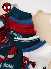5 pares de calcetines cortos para niños de la serie Marvel con patrón de letras de Spider-Man de dibujos animados - Multicolor - Ver 4
