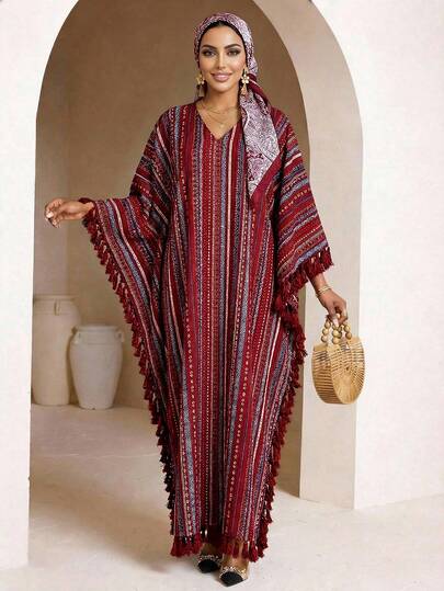 SHEIN Lady 条纹印花度假装女装波西米亚风女装非洲女装连衣裙夏季热带风情女装商务休闲优雅连衣裙休闲毕业礼服女装生日及活动礼服/办公室礼服/教堂礼服/婚纱/节日礼服