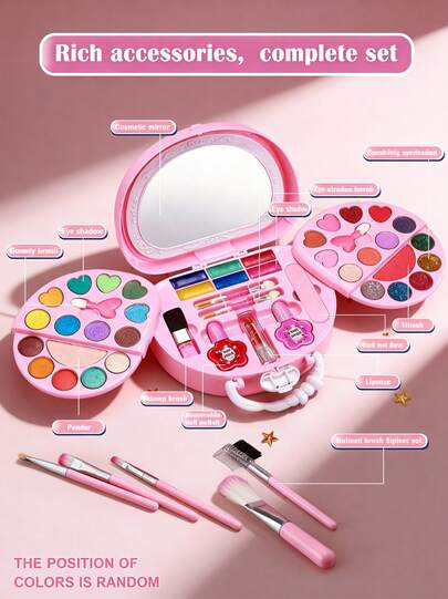 Kids Girls Makeup Kit With Tote Bag: Real, Washable Makeup Toys Gift For Toddlers - For 3, 4, 5, 6, 7, 8, 9, 10 Years Old (Random Color Blocks And Positions)