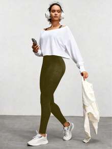 女士高腰弹力休闲瑜伽裤，带侧袋，适合瑜伽、跑步、健身等春季运动。 - 軍綠色 - 查看 3