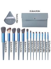 13 piezas Juego de brochas de maquillaje azul con bolsa de almacenamiento multifuncional, Juego de esponjas de maquillaje, Herramientas de maquillaje suaves y esponjosas para base de rostro, rubor, contorno y sombras de ojos, Ideal para viajes, Regalo para fiestas - Neblina azul - Ver 9