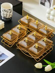 一套优雅琥珀香槟色塑料零食碗套装，带金色支架和盖子——非常适合盛放干果、坚果和派对食品 - 香檳色 - 查看 1