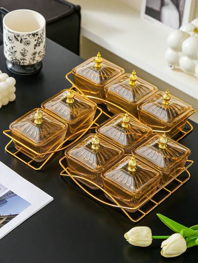 1set Elegant Amber Champagne Plastic Snack Bowl Set With Gold Stand & Lids – Perfect For Dried Fruits, Nuts & Party Serving