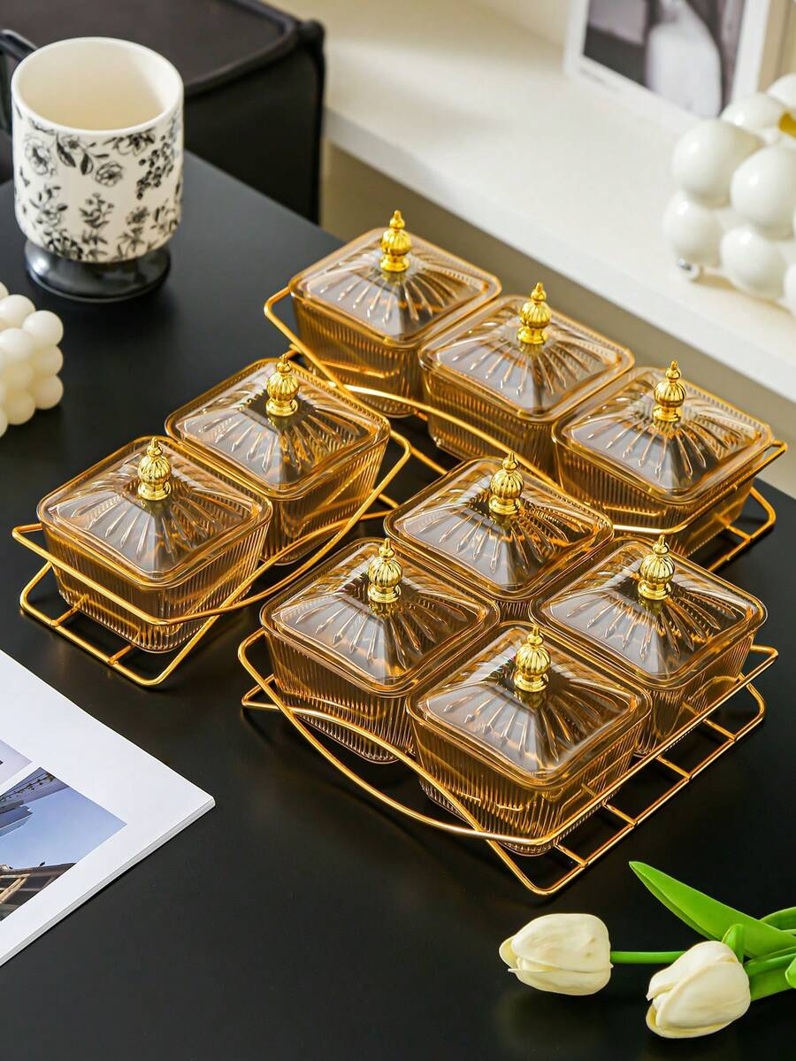 一套优雅琥珀香槟色塑料零食碗套装，带金色支架和盖子——非常适合盛放干果、坚果和派对食品 - 香檳色 - 查看 1