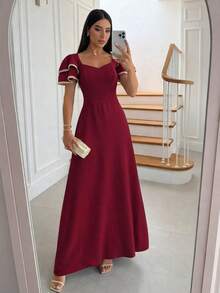 Elegant Women's Long Dress, Solid Color Wedding Party Dress, Puff Sleeves, Suitable For Work, Casual, Holidays, And More. - Màu Tím - Xem 1