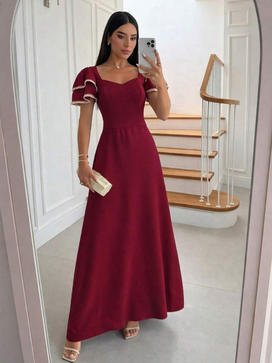 Elegant Women's Long Dress, Solid Color Wedding Party Dress, Puff Sleeves, Suitable For Work, Casual, Holidays, And More. - Màu Tím - Xem 1