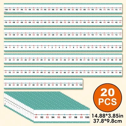 Conjunto de 20 peças de reta numérica, 37,8 cm x 9,8 cm, para escrita com marcador de quadro branco, com números coloridos de -100 a 100 (números positivos e negativos), itens essenciais para a sala de aula de matemática.