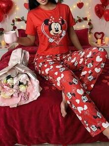 Disney Bộ đồ ngủ ngắn tay 2 món dễ thương dành cho nữ nhân dịp Lễ Tình nhân, đồ mặc nhà mềm mại và ngọt ngào. - Đỏ - Xem 7