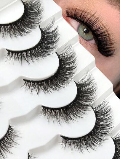 7 pares de pestañas de ojo de gato cruzadas con efecto 3D de falso visón, pestañas alargadas con extremos alados, pestañas postizas suaves, naturales y largas de tira completa