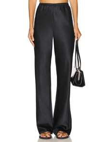 Women Satin Silk Wide Leg Pants Casual Elastic High Waist Solid Color Loose Fit Lounge Pants Office Ladies Work Trousers Daily Sleep Pants Y2K Streetwear - màu đen - Xem 3
