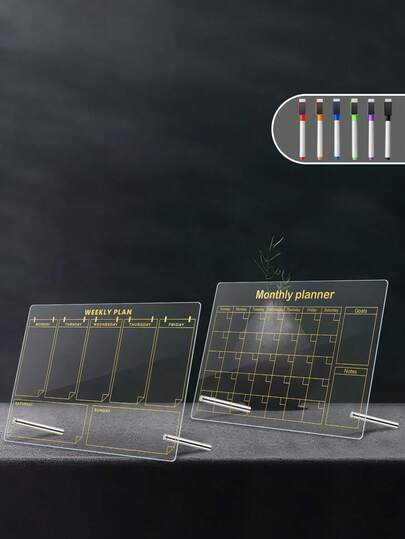 1个亚克力金色周/月计划桌面板，配6支白板笔，可重复使用，适用于办公室的备忘录/笔记书写板