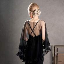 1pc Black Short Bridal Shawl Capelet, Delicate Lace Trim, Elegant Dark Style Shawl, Valentine's Day Party Wedding Bridal Accessory - Multicolor - View 3