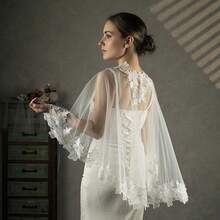 1pc Black Short Bridal Shawl Capelet, Delicate Lace Trim, Elegant Dark Style Shawl, Valentine's Day Party Wedding Bridal Accessory - Multicolor - View 7