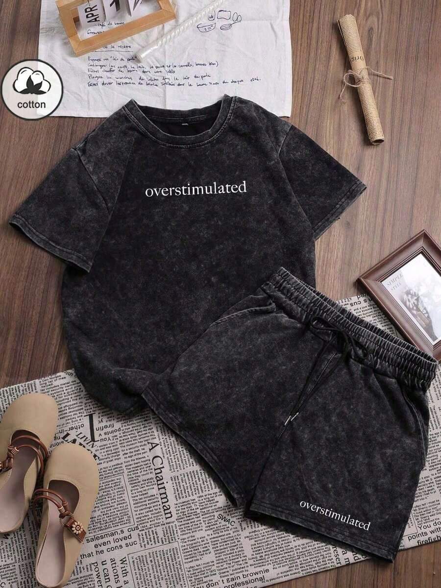 Es Trus Cotton, Summer Women's Fun Printed Hip-Hop "Simple Letter" Personalized Pattern Printed Street , Korean Style Comfortable Retro Basic Fashionable Commuting Versatile Y2k Clothing Women's Clothing, Suitable For Outdoor Leisure, Regular Niche Punk Style Black Well Fitting Round Neck Short Sleeved Washed T-Shirt Shorts Two Pieces Setsummer Outfits Tops - 黑色 - 查看 1