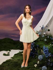 Faeriesty Chic Lace Panel Tassel Women's Mini Evening Dress – Elegant Sleeveless Gown Featuring Delicate Lace Stitching, Perfect For Parties, Banquets, Weddings, Proms, And Gala Events - Beige - View 3