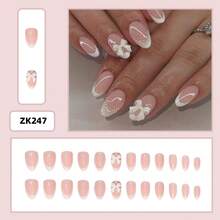 24Pcs White French Tip Press On Nails Short Almond Fake Nails With 3D Bow Pearl Design Cute Acrylic Nails Kit Glossy Nude Pink Full Cover Glue On Nails For Women DIY Valentines Wedding Nail Decoration - Style18 設計-18 - 查看 2