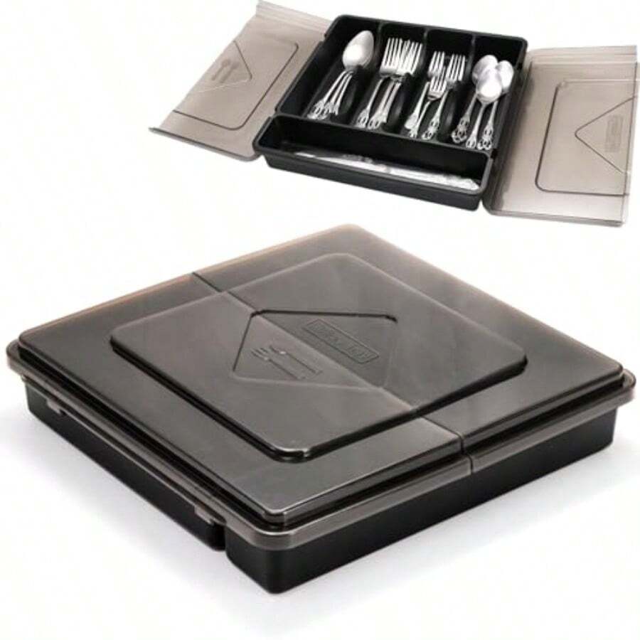 Silverware Organizer With Lid Covered Utensil Drawer Organizer Tray For Kitchen 5 Compartments Plastic Black Cutlery Flatware Storage Box For Spoons Forks Knives Office RV Countertop - 黑色 - 查看 1