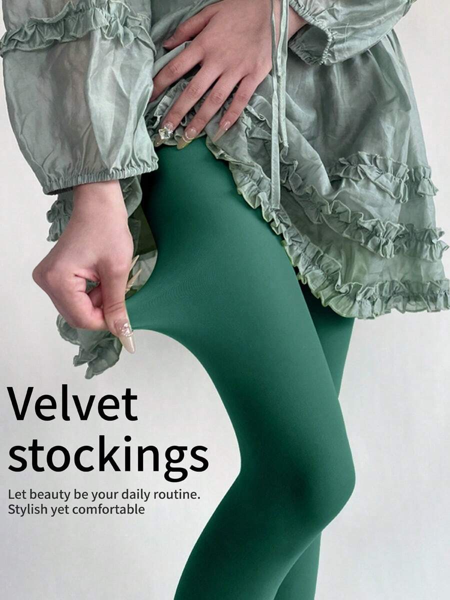 1 Pair New Comfortable Pure White High-Elasticity Women Leggings, Velvet Fabric Suitable For Business, Office, And Daily Commute, Spring/Autumn - Dark Green - View 1