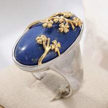 Nhẫn phong cách Bohemian sang trọng | Nhẫn vàng đính đá Lapis Lazuli nhân tạo | Nhẫn Boho thủ công | Nhẫn cỡ lớn dành cho nữ | Nhẫn quà tặng - Bạc - Xem 3