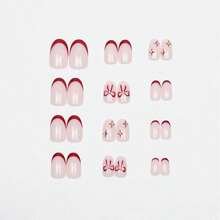 Red Bow Press On Nails - Short Oval Fake Nails, Red French Tip False Nails Press Ons With Star Design, Glossy Acrylic Full Cover Cute Glue On Nails For Women Manicure 24Pcs - 樣式-5 - 查看 2