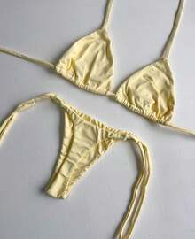 String Bikini With Micro Thong Bottom For Tan Lines - Elegant Tie-Back Closure, Perfect For Vacation Or Beach. - Màu vàng - Xem 1