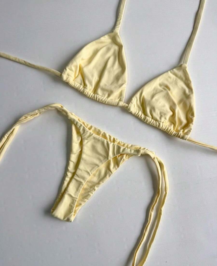String Bikini With Micro Thong Bottom For Tan Lines - Elegant Tie-Back Closure, Perfect For Vacation Or Beach. - Màu vàng - Xem 1