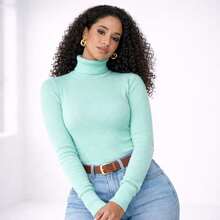 Women's High Neck Sweater In Elastane Turtleneck Knit - 薄荷藍 - 查看 1