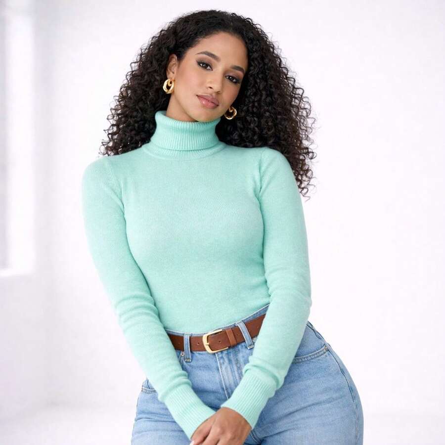 Women's High Neck Sweater In Elastane Turtleneck Knit - 薄荷藍 - 查看 1
