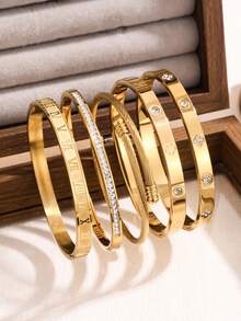 5pcs/Set Multicolor Stainless Steel Personalized Bracelet Set, Unique Design Fashion Multi-Element Crafted Jewelry, Ideal Gift, Non-Fading - Gold 3 - View 9