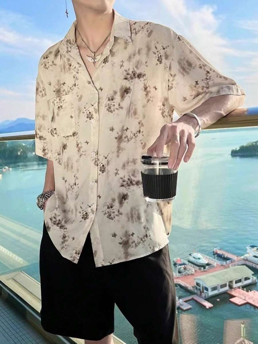 Couple Set Summer Personalized Color Shirt, Men's Hawaiian Vacation Ice Silk Quick Drying Floral Shirt - Black - View 1