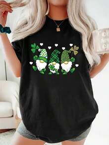 大码女式可爱花卉仙子图案T恤，大码女式圣帕特里克节小妖精图案T恤，采用柔软透气面料，休闲圆领短袖 - 黑色 - 查看 5